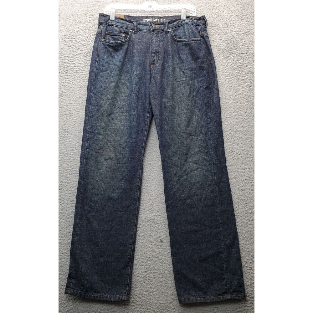 Chaps Jeans Mens 32/30 Blue Denim Cotton Flat Front Straight Fit Pockets Outdoor